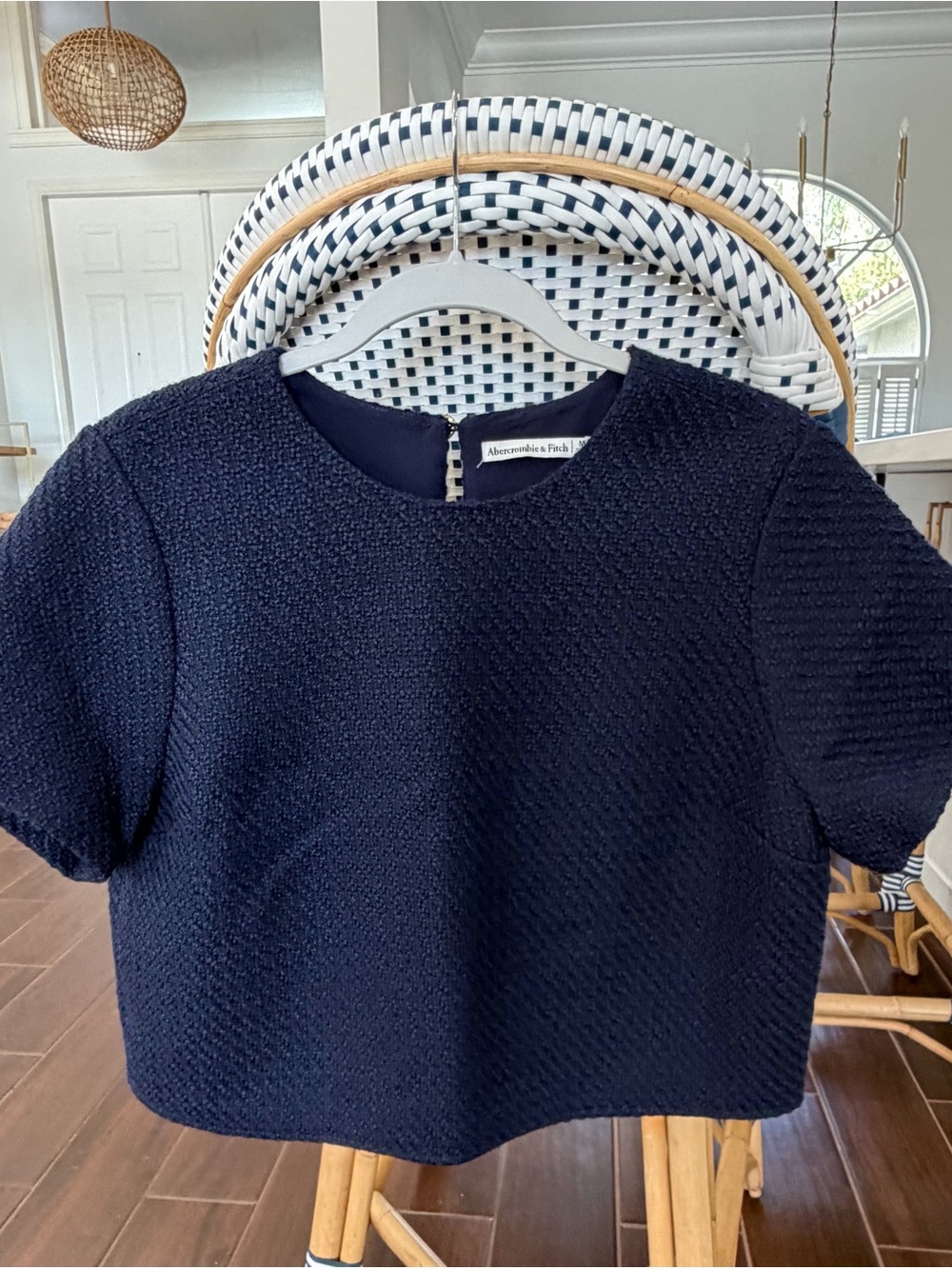 Abercrombie & Fitch Easy Tweed Woven Tee Cropped Blouse Navy Size Medium